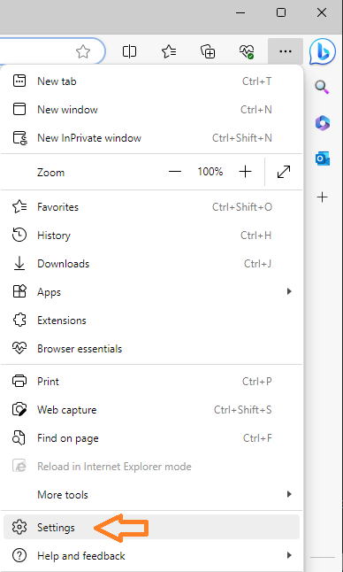Image of Edge settings menu option