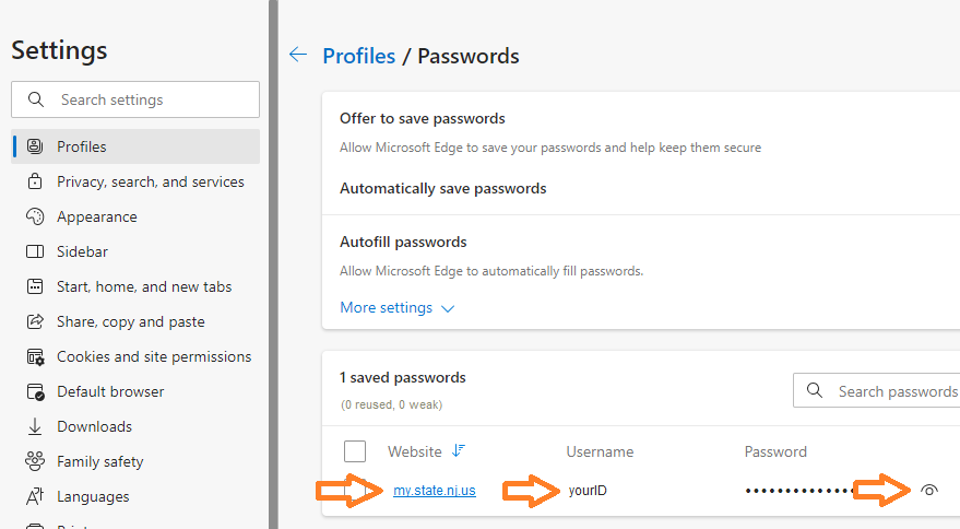 Image of Edge profile page and passwords item
