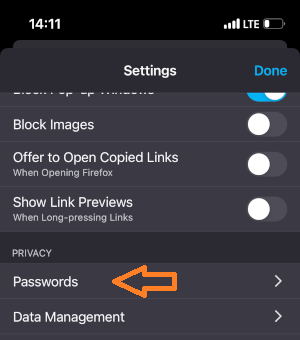 Image of Firefox iOS Passwords menu option