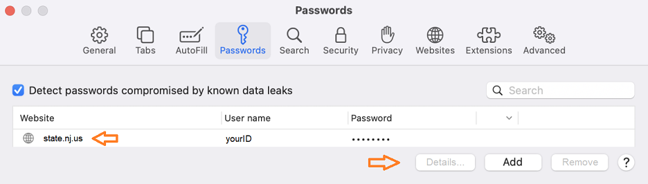 Image of Safari password list, type A
