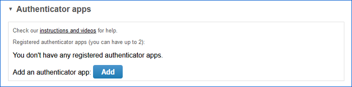 Image of multi-factor authentication authenticator app section on 'my account' page