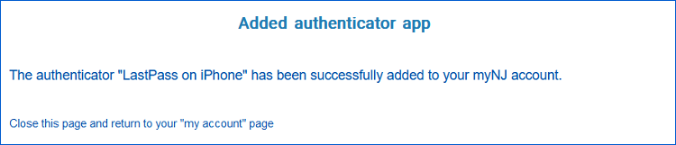 Image of confirmation message that authenticator app has been added