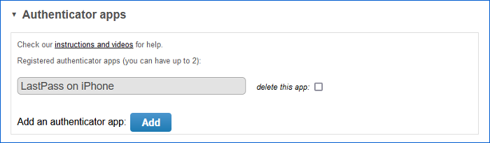 Image of 'my account' page displaying authenticator app nickname