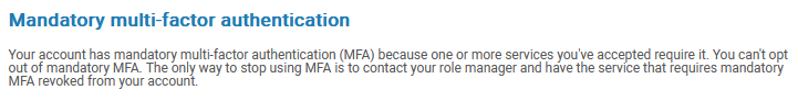 Image of mandatory multi-factor authentication message on 'my account' page