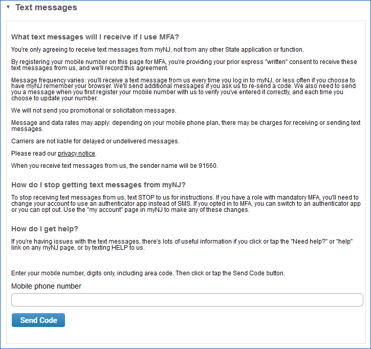 Image of text message usage legal language on 'my account' page