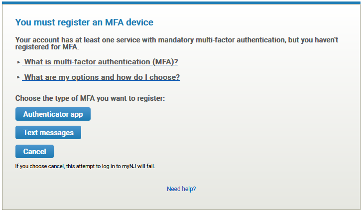 Image of second factor choices during login when you have a service that requires MFA