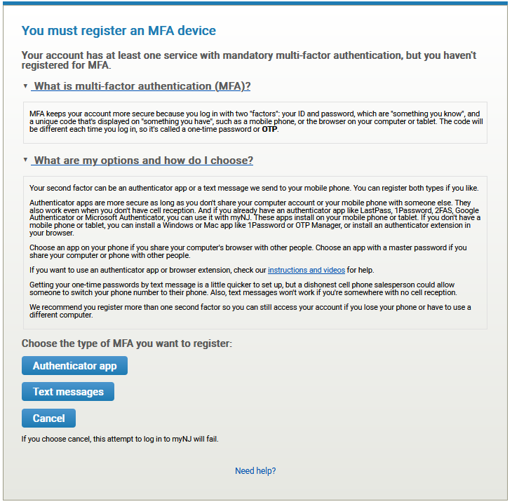Image of second factor choices and explanations during login when you have a service that requires MFA